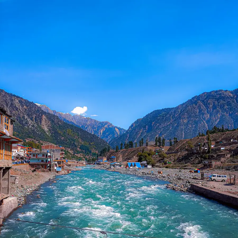 The turquoise Swat river flowing through Bahrain town
